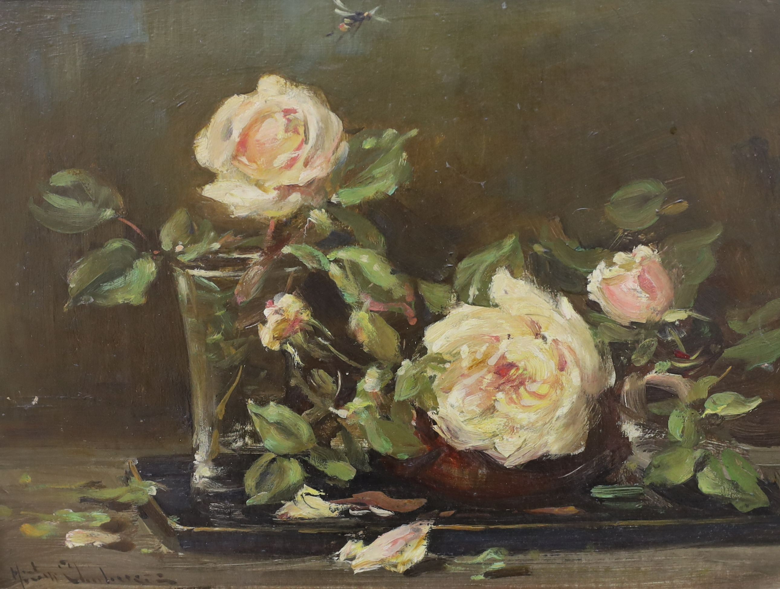 Hector Chalmers (1849-1943), oil on board, Still life of roses on a table top, signed, 28 x 38cm